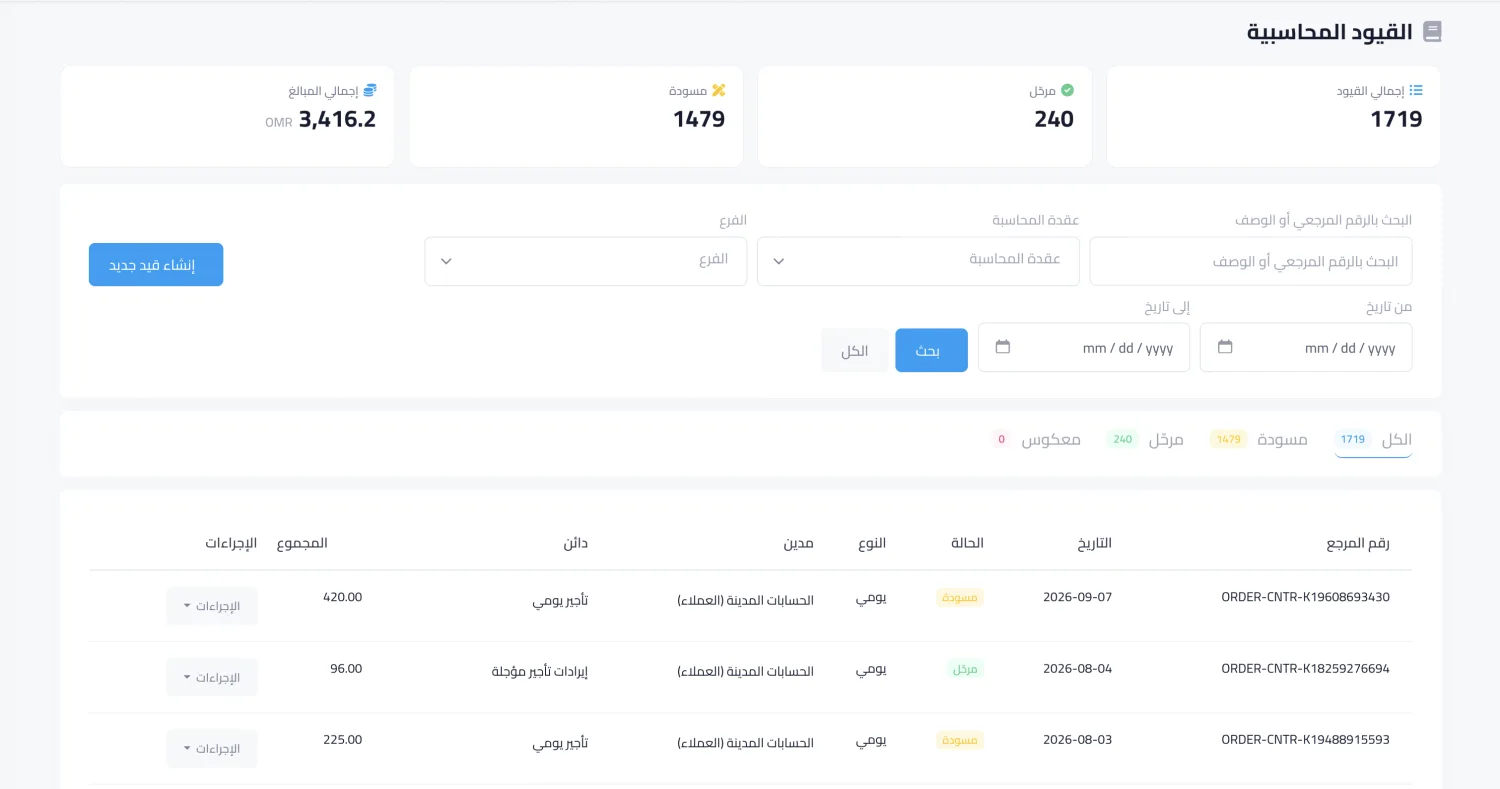 القيود المحاسبية في نظام كيرا لإدارة تأجير السيارات — كل عقد يتحوّل إلى قيد تلقائياً