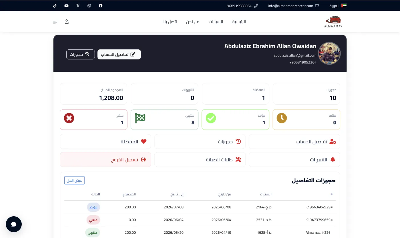 حساب العميل في موقع تأجير السيارات من كيرا — متابعة الحجوزات والمبالغ المدفوعة